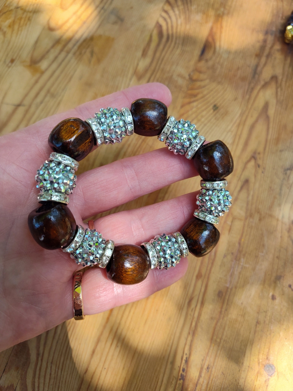 Dark Brown Wood - Silver Spikey Beads & Rondelle Accents Stretch Bracelet
